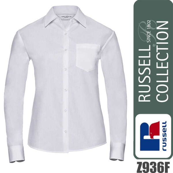 Ladies Long Sleeve Classic Pure Cotton Poplin Shirt, Russel - Z936F, weiss