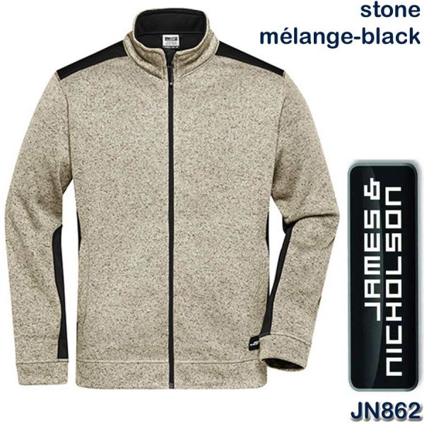 Men´s Knitted Workwear Fleece Jacket, James & Nicholson, JN862, stone, black