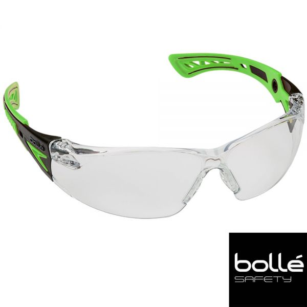 Schutzbrille RUSH+ von Bollé mit grün-schwarzen Bügeln 