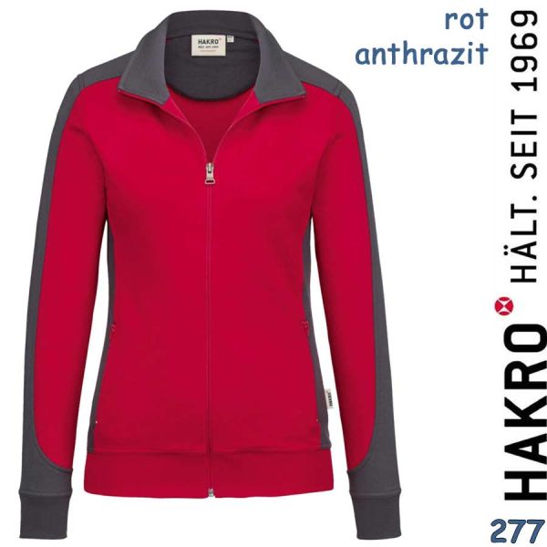 NO. 277 Hakro Damen Sweatjacke Contrast Mikralinar, rot-anthrazit