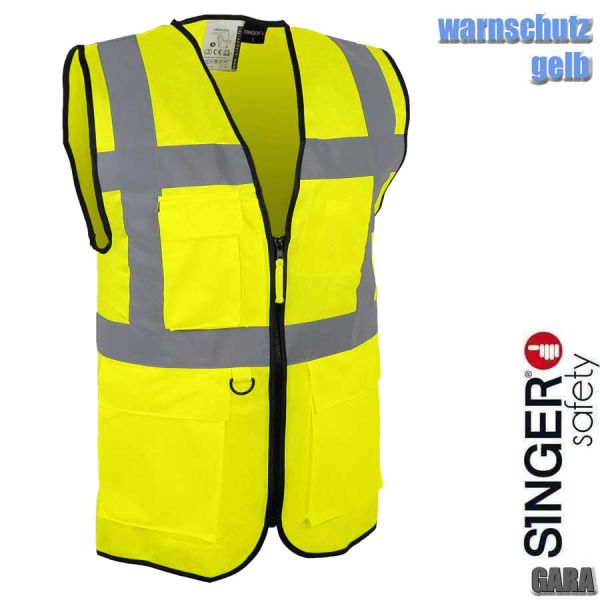 Warnschutzweste mit Reissverschluss, gelb, mehrere Taschen, GARA, SINGER Safety