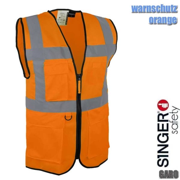 Warnschutzweste mit Reissverschluss, orange, mehrere Taschen, GARO, SINGER Safety
