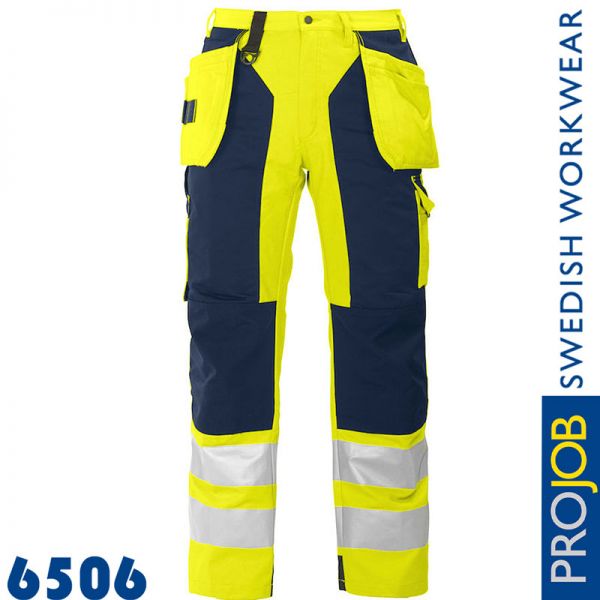 Arbeitshose,mit Knieverstärkung und Hängetaschen EN20471- Klasse 2 - 6506, blau-gelb