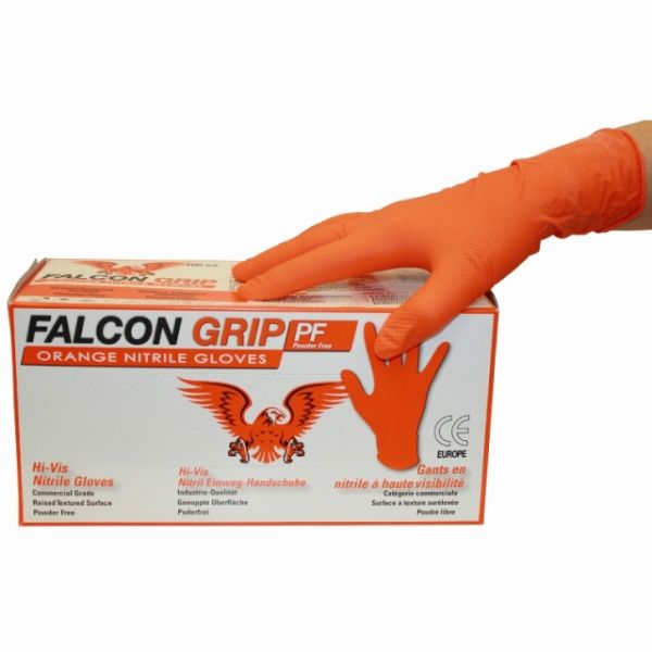 Falcon Grip, genoppt Einweg-Nitrilhandschuh, puderfrei, leuchtorange Box à 90 Stück