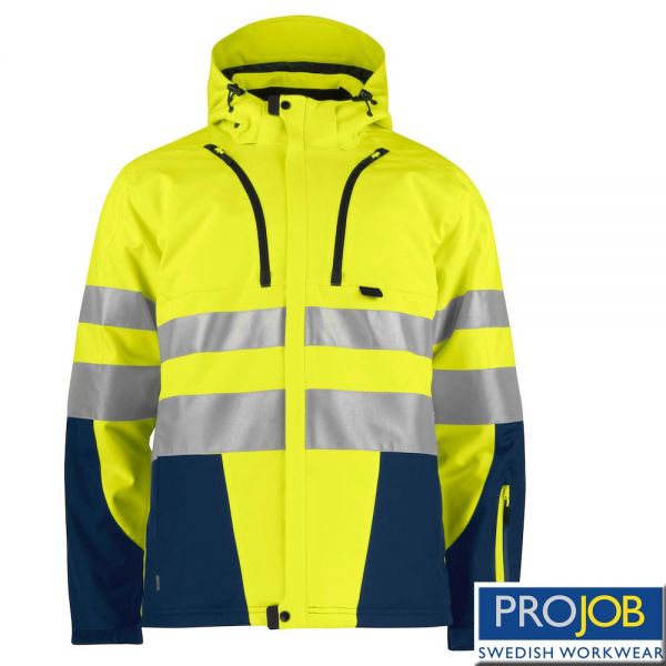 Gefütterte WARNSCHUTZ SOFTSHELL JACKE EN ISO 20471 KLASSE 3/2, PRO JOB, 6420-warngelb-navy