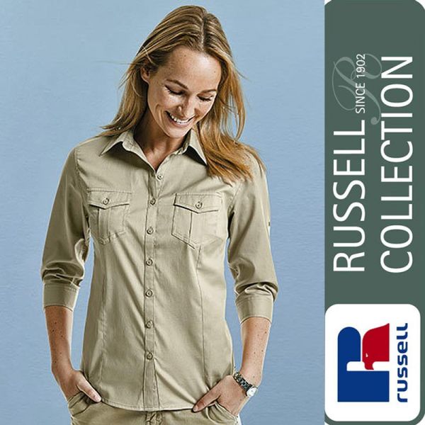 Ladies Roll 3/4 Sleeve Fitted Twill Shirt, Russel - Z918F