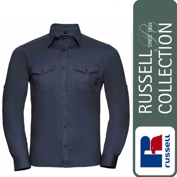 Men's Roll Long Sleeve Fitted Twill Shirt, Russel - Z918M-french navy