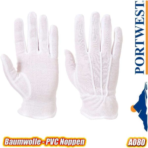 Baumwoll - Handschuhe, PVC Noppen, Microdot, weiss, A080, PORTWEST