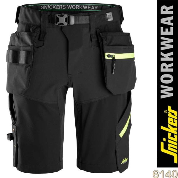 FlexiWork, Softshell-Stretchshorts+ mit Holstertaschen, 6140, SNICKERS Workwear, black-neon yellow