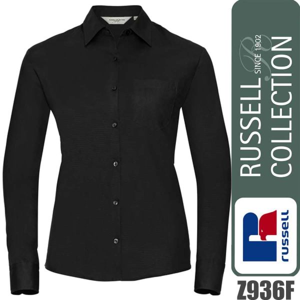 Ladies Long Sleeve Classic Pure Cotton Poplin Shirt, Russel - Z936F, schwarz